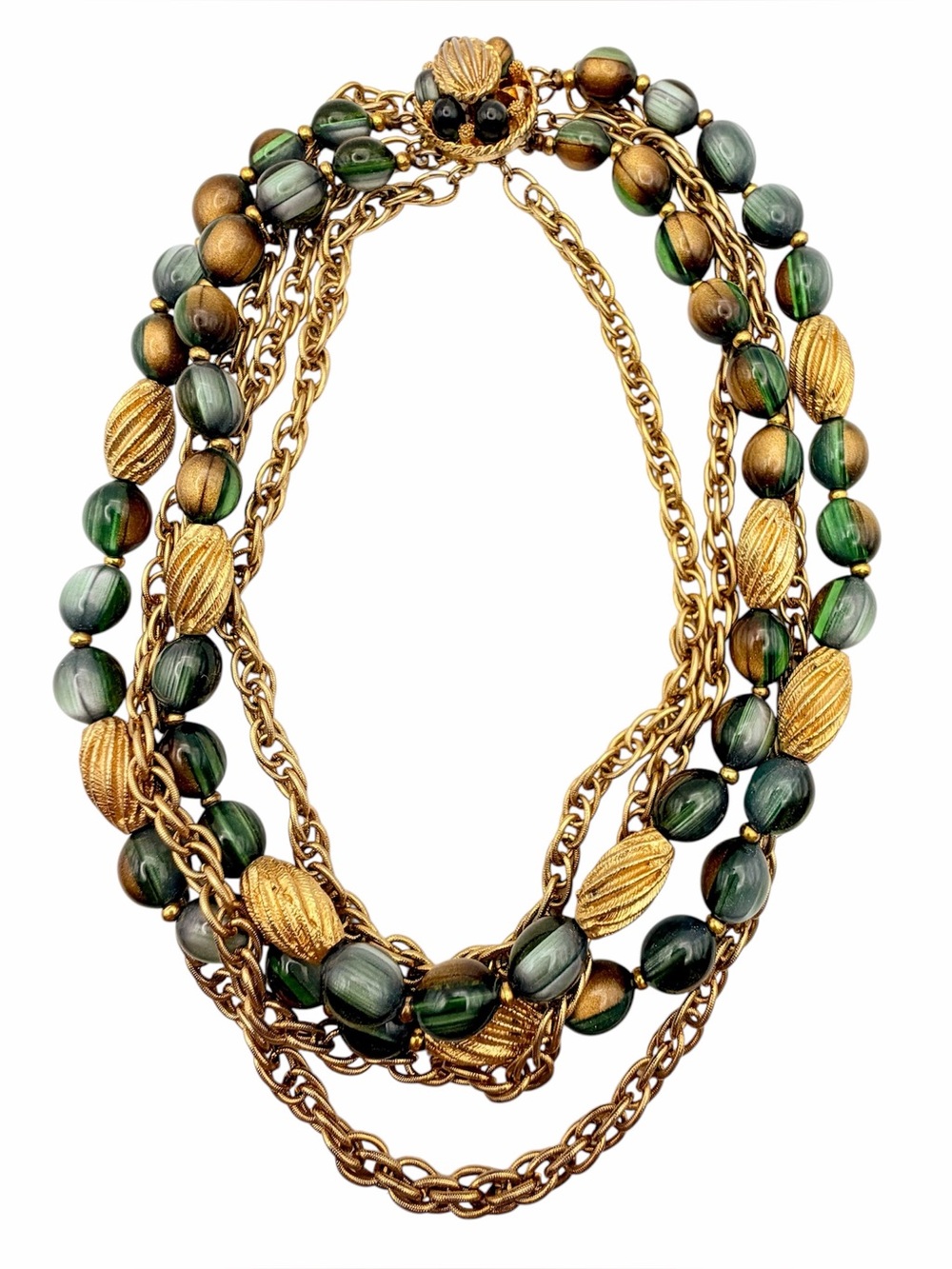 Vintage 50s 60s multi-strand necklace marbled green lucite textured gold-tone